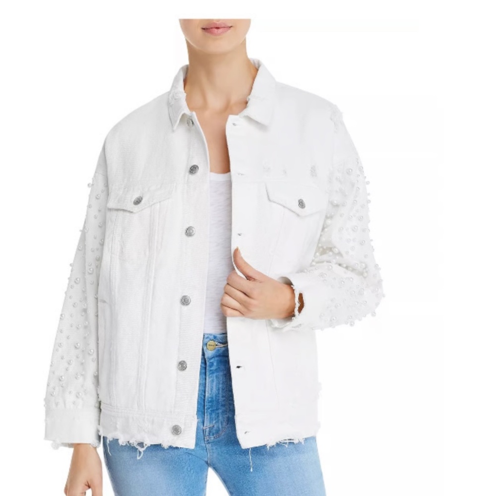 Sunset + Spring Distressed White Denim Embellished Pearl Jacket